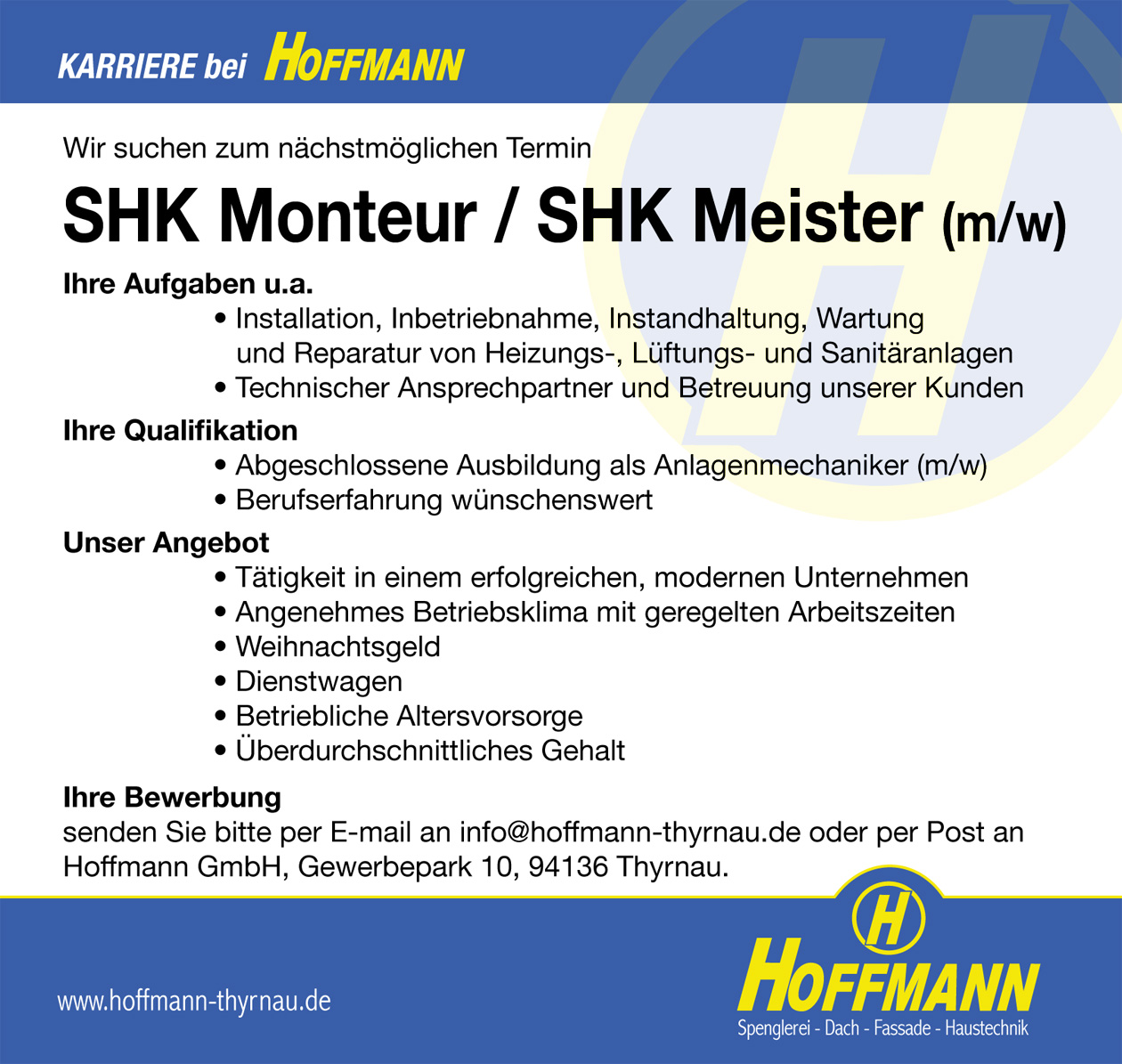 Wir suchen SHK Monteur / SHK Meister - Hoffmann GmbH Thyrnau Passau