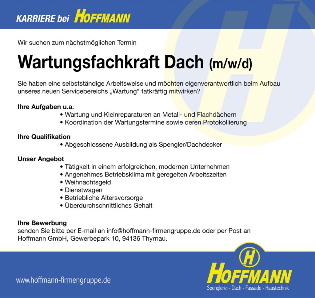 Stellenanzeige Job Wartungsfachkraft Dach (m/w/d)