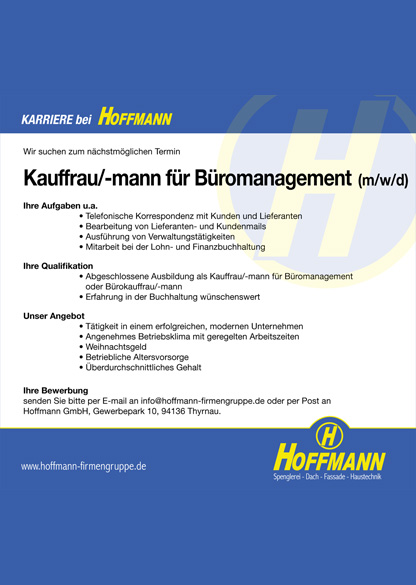 Stellenanzeige Job Kauffrau/-mann für Büromanagement (m/w/d) Hoffmann