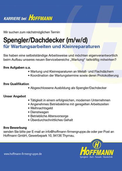 Stellenanzeige Job Spengler Dachdecker Hoffmann