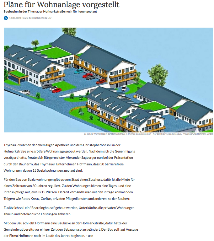 Pressebericht in der Passauer Neuen Presse am 18.3.2020. Hoffmann erstellt Mehrgenerationen-Wohnanlage in Thyrnau.
