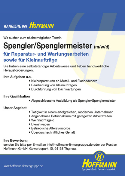 Hoffmann GmbH Job Karriere Stellenanzeige Spengler/Spenglermeister (m/w/d)