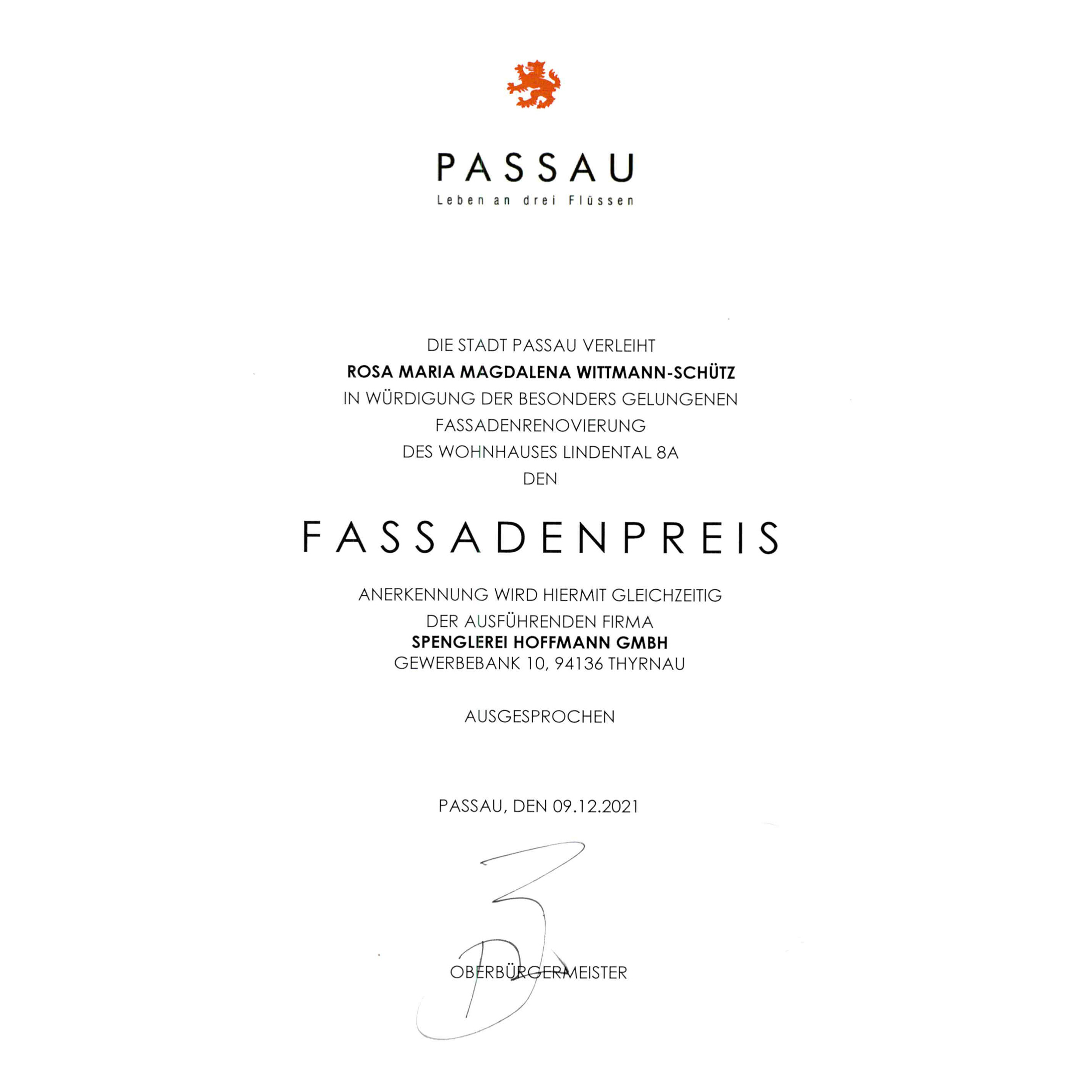 Anerkennung für Hoffmann - Fassadenpreis der Stadt Passau